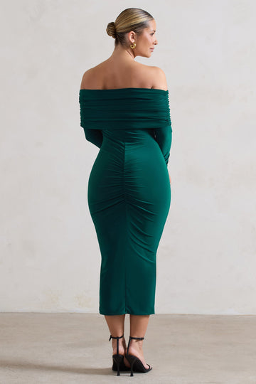 Marcella Bottle Green Bodycon Bardot Midi Dress